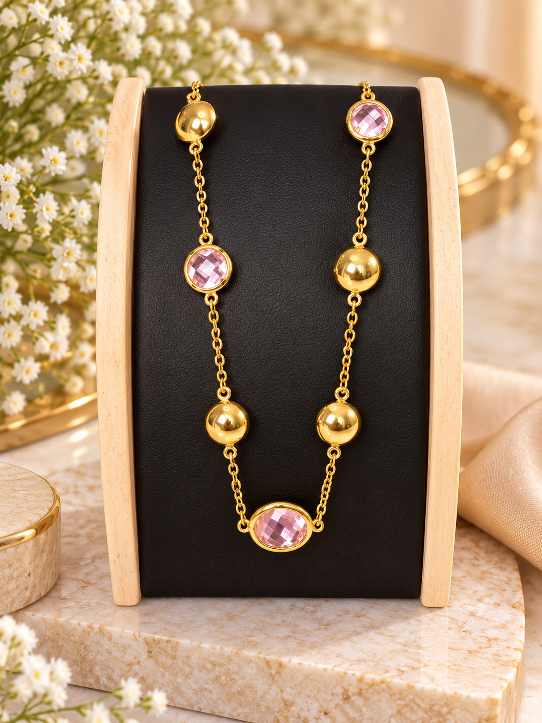 The Thomasina Aura Gold  Necklace blush-Pink